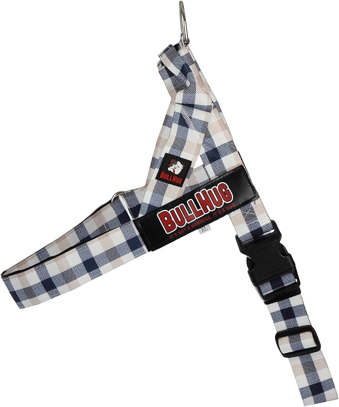 BULLHUG Adjustable Dog Harness– No Pull, No Choke – for English Bulldogs, French Bulldogs, Pugs & Broad-Chested Breeds – Easy, Safe Walks (Blue TAN Plaid, Medium)