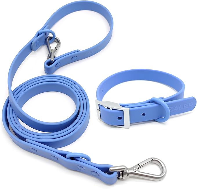 ZALER Dog Collar and Leash Set, Waterproof Adjustable Odor Proof Pet Collars Leashes Easy to Clean, 6FT Dog Leash with 2 Hooks for Large, Medium Small Dogs (L, Blue)
