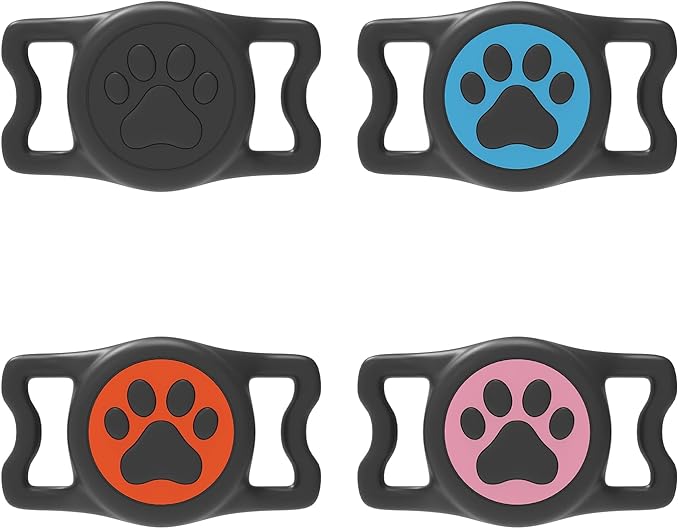 WhoseID IP68 Waterpoof Dog Air tag Holder, Stretchy Silicone Full Body Covered Apple Air Tag Holder for Dog Cat Collar Fit All Width Collar (Black1/ Black&Orange/Black&Blue/Black&Pink, 4 Pack)