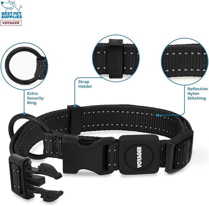 Best Pet Supplies Voyager Reflective Dog Leash or Collar with Neoprene Handle, for Small, Medium, and Large Breed Puppies, Cute and Heavy Duty for Walking, Running and Training - Black, L