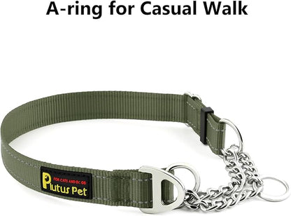 Plutus Pet Martingale Dog Collar with Stainless Steel Chain and Reflective Nylon, Adjustable No Pull Training Collar, for Small Medium, and Large Dogs, Ranger Green, S