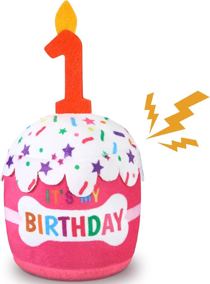 Dog Birthday Cake Toy Accessories for Girl Boy Gifts, Squeaky Plush Toy for Dog Birthday Party Decor Favor for Large, Medium and Small Dogs(1st,Pink)