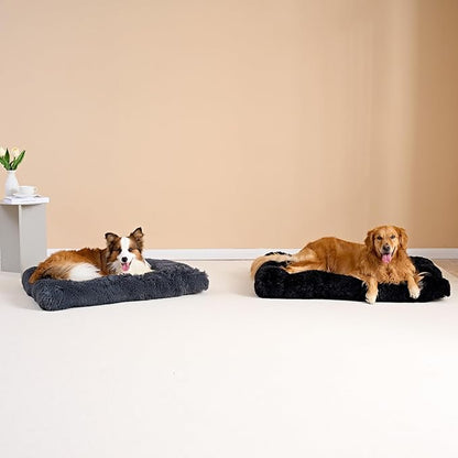 EHEYCIGA Fluffy Dog Crate Bed for Large Dogs, Plush Faux Fur Crate Pad, Calming Anti Anxiety Large Dog Bed, Washable Soft Warm Mat with Non-Slip Bottom, Dark Grey