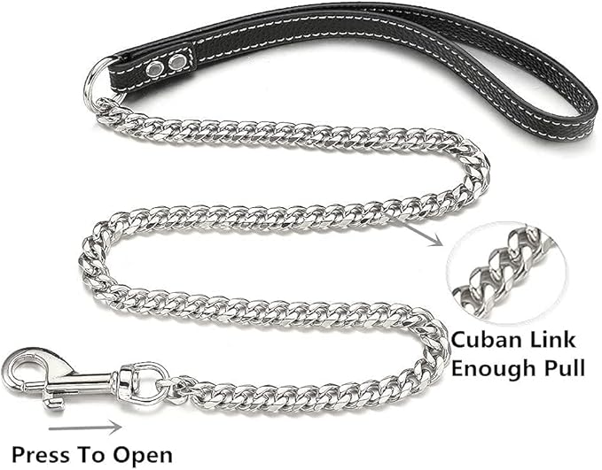 Silver Chain Dog Leash 11MM Solid Chew Proof 316L Stainless Steel Cuban Link Chain with Genuine Leather Handle Training Walking 3FT/4FT/5FT for Small Medium Large Dogs(11mm,4ft)…