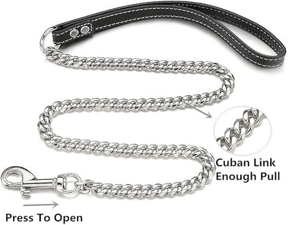 Silver Chain Dog Leash 11MM Solid Chew Proof 316L Stainless Steel Cuban Link Chain with Genuine Leather Handle Training Walking 3FT/4FT/5FT for Small Medium Large Dogs(11mm,4ft)…