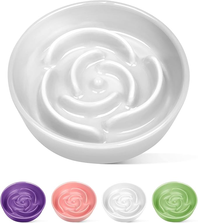 TRUVIC Ceramic Slow Feeder Dog Bowls Small Breed, 0.6 Cup Slow Feeder Cat Bowls for Fast Eaters, Ceramic Dog Food Dish no Black Chin, Puzzle Bowl for Small Dogs and Cats, White
