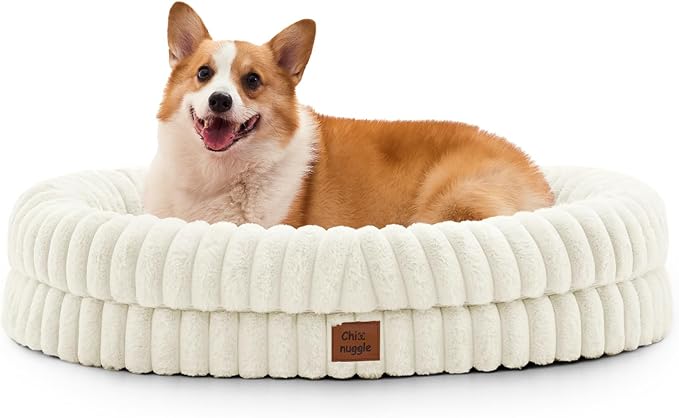 Dog Bed Large Sized Dog - Luxury Striped Faux Fur Waterproof Pet Couch with Removable Washable Cover, Orthopedic Pet Bed with Bolster Sides for Sleeping, Cream
