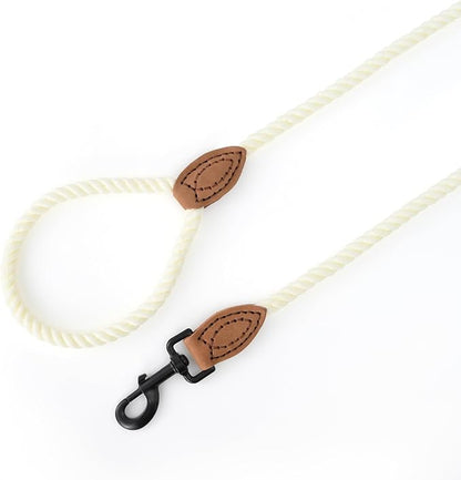 Mile High Life Dog Leash, Braided Cotton Rope Leashes with Leather Tailor Tip with Leather Tip - Heavy Duty Metal Clasp, 6FT, 1/2" Thick - Wedding, Walking Leash for Medium Large Dogs(Cream White)