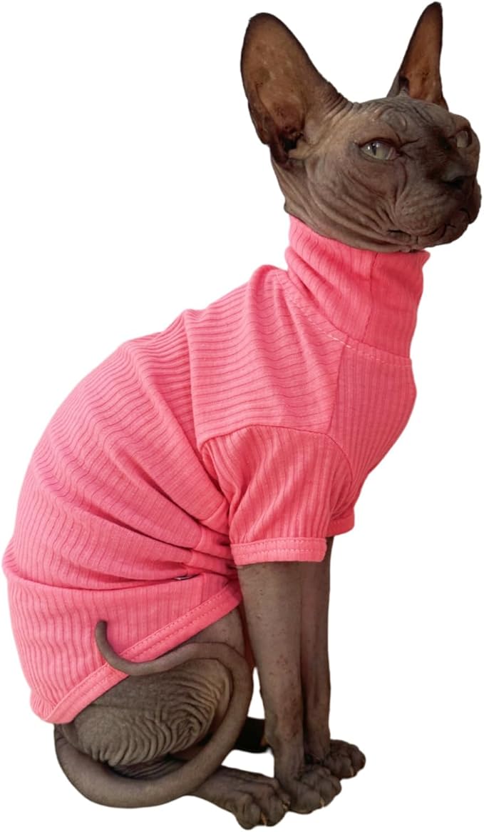 Sphynx Hairless Cats Shirt Cotton Cat Turtleneck Sweater Pullover Kitten T-Shirts with Sleeves Cat Pajamas Jumpsuit for Sphynx Cornish Rex, Devon Rex, Peterbald (X-Large (Pack of 1), Rosey Pink)