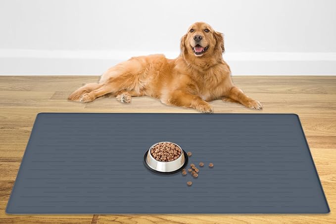 48" x 32" Largest Pet Food Mat, XXXL Silicone Dog Mats for Food and Water, Nonslip Pet Feeding Mats for Floors,Dog Cat Bowl Mat with Raised Edges, Gray Blue