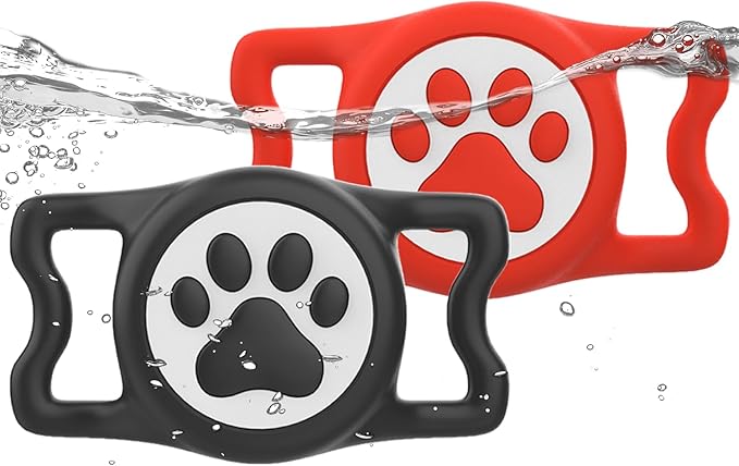 WhoseID IP68 Waterpoof Dog Airtag Holder, Stretchy Silicone Full Body Covered Apple Air Tag Holder for Dog Cat Collar Fit All Width Collar (Black/Red, 2 Pack)