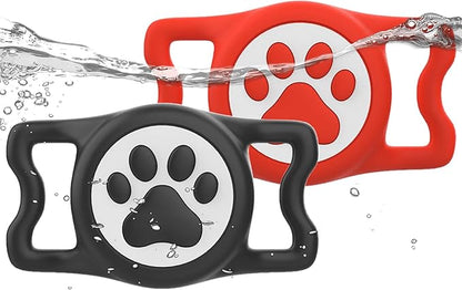 WhoseID IP68 Waterpoof Dog Airtag Holder, Stretchy Silicone Full Body Covered Apple Air Tag Holder for Dog Cat Collar Fit All Width Collar (Black/Red, 2 Pack)