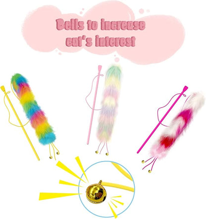 Lepawit 3 Pack Cat Wand Toy, Rainbow Cat Feather Toys with Bells, Teaser Wand with Soft Furry Tail, Interactive Toys for Indoor Cats & Kitten & Kitty
