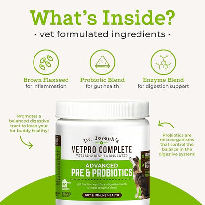Dr. Joseph's VetPro Complete Advanced Pre & Probiotics Powder for Dogs, 90 Scoops, Supports Gut Health, Diarrhea, Digestive Health & Seasonal Allergies, Chicken/Pumpkin Flavor, Add to Food