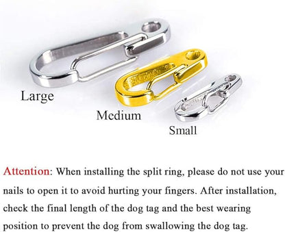 Dog Tag Clips / 2 Pack/Multiple Size 304 Stainless Steel Quick Clip with Rings/Easy Change Dog Cat ID Tag Holder for Small pet Collars and Harnesses.(2 Medium Gold)