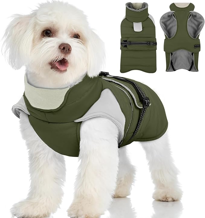 MIGOHI Warm Dog Jacket - Waterproof Small Dog Coat with Furry Collar, Windproof Dogs Fleece Vest, Reflective Cold Weather Coats for Small Dogs, Adjustable Buckle, Poodle,S,ArmyGreen