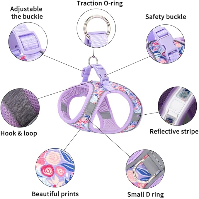 Step in Dog Harness and Leash Set, Flower Adjustable Easy Walk Puppy Harnesses, Soft Mesh Pet Vest Harness Small Size Dog Adjustable No Pull Dog Harness for Small Dogs and Cats(Light Purple, XS)