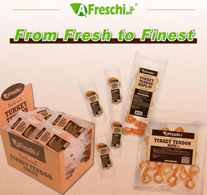 A Freschi srl Turkey Tendons for Dogs, USA-Sourced, Healthy Dog Treats, Rawhide-Free Puppy Chews, Long Lasting, All Natural, Hypoallergenic Dog Treats for Small Breeds, 4 Count Pack Rope (S)