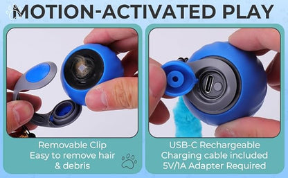 Dr. Fluffyyes Interactive Cat Toy Ball - Motion-Activated, USB Rechargeable Cat Toys for Indoor Cats with Anti-Scratch Cover & 2 Changeable Tails - Enrichment Toy for Active Cats & Kittens