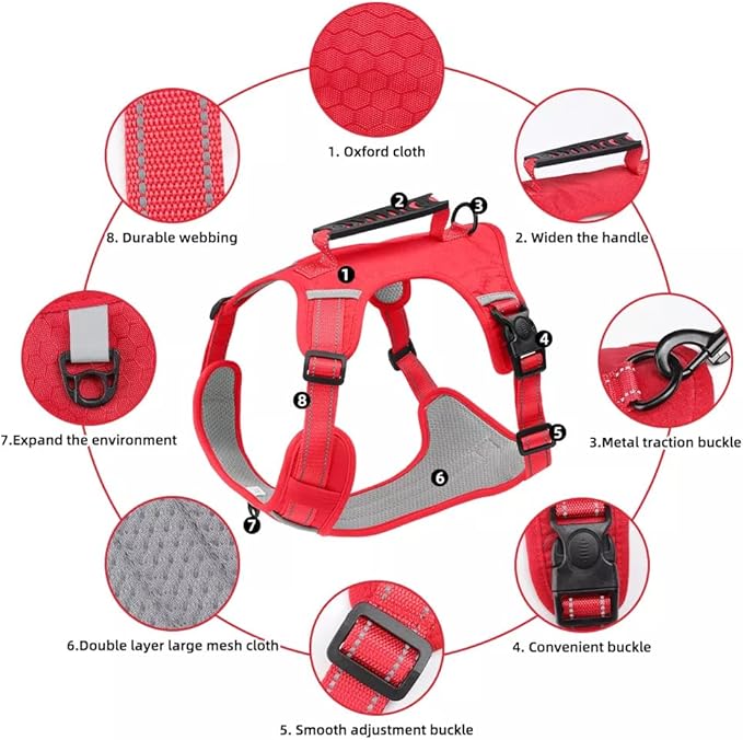 Dog Harness No Pull Adjustable Reflective,for Medium and Large Small Dog with Leash 59.06in (Red, L)
