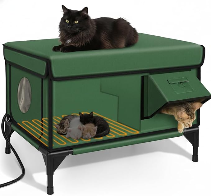 Indestructible Heated Cat House for Outside Winter, 100% Waterproof, Safe Escape Door, Insulated Outdoor Cat Shelter with Heater for Feral Barn Cat Kitty (Green, 24"x15"x18")