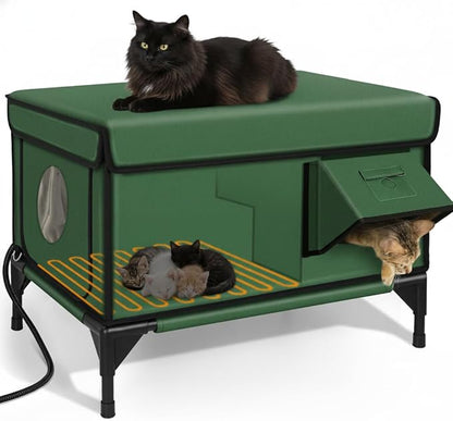 Indestructible Heated Cat House for Outside Winter, 100% Waterproof, Safe Escape Door, Insulated Outdoor Cat Shelter with Heater for Feral Barn Cat Kitty (Green, 24"x15"x18")