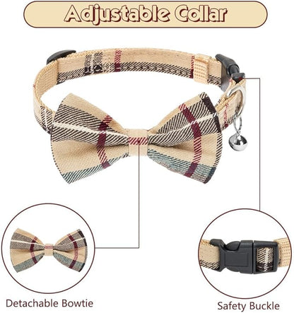 Dog Harness with Leash and Bow Tie Collar Set - Beige Plaid Puppy Harness, Escape Proof Adjustable No Pull Dog Vest for Outdoor Walking, Fit for Small Medium Large Dogs XS
