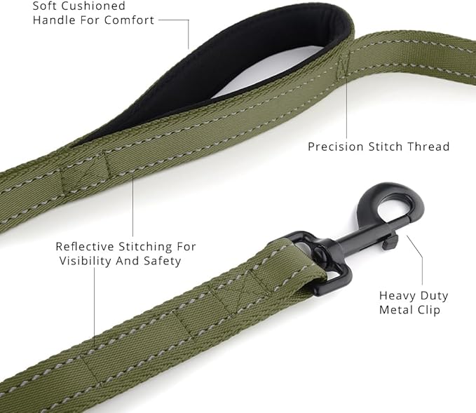 Plutus Pet Double Handle Dog Leash 5ft, Heavy Duty, Reflective Dual Handle Dog Leash for Safety Training, for Medium Large Dogs,2 Handle Leads, Ranger Green