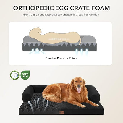 Casa Paw Orthopedic Dog Beds for Large Sized Dogs, Waterproof Egg Crate Foam Large Dog Couch Beds with Comfy Bolster 36x27Inch, Washable Pet Beds with Removable Cover and Nonskid Bottom, Black