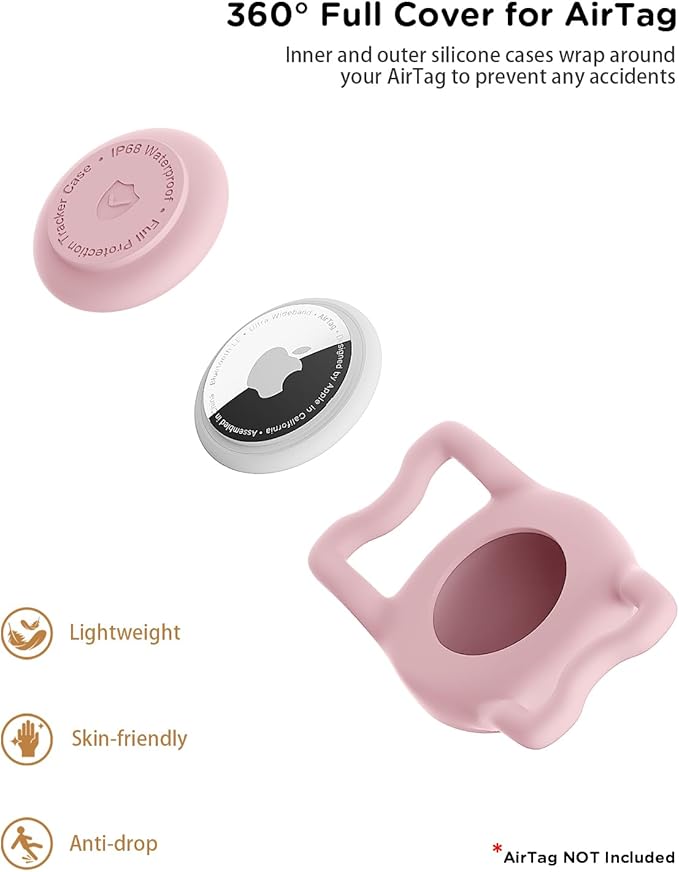 WhoseID IP68 Waterpoof Dog Airtag Holder, Stretchy Silicone Full Body Covered Apple Air Tag Holder for Dog Cat Collar Fit All Width Collar (Pink/Red, 2 Pack)