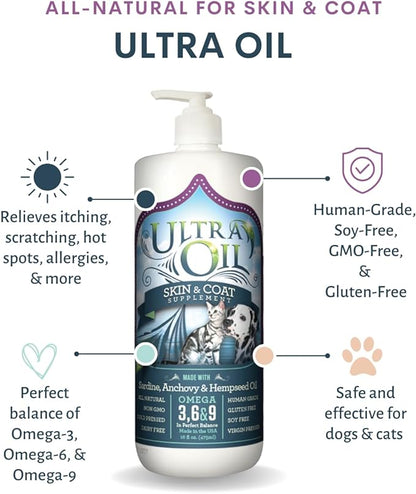 Ultra Oil Skin and Coat Supplement for Dogs and Cats with Hemp Seed, Flaxseed, Grape Seed, and Fish Oils for Relief from Dry Itchy Skin, Dull Coat, Hot Spots, Dandruff, and Allergies, (16 oz)