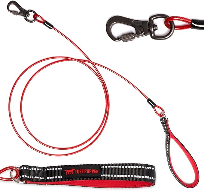 Tuff Pupper Chew Proof Dog Leash | Steel Cable Bite Resistant Lead | Twist Lock Carabiner | Heavy Duty for Large Dogs & Teething Puppies | Comfortable Padded Handle | 4FT & 6FT Lengths (Red, 4 Feet)
