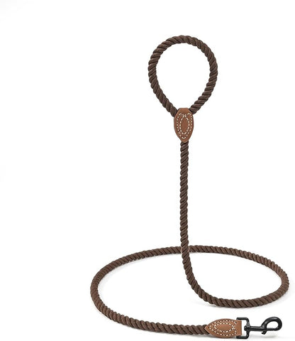 Mile High Life Dog Leash, Braided Cotton Rope Leashes with Leather Tip - Heavy Duty Metal Clasp, 5FT, 1/2" Thick - Wedding, Walking & Training Leash for Small Medium Large Dogs (Dark Brown)