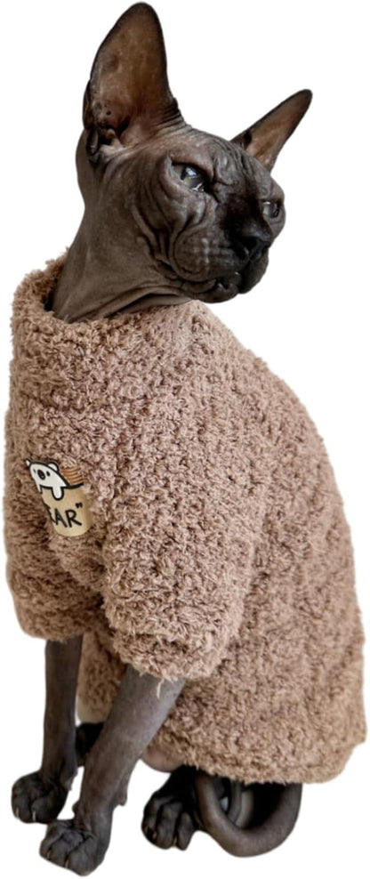 Sphynx Cat Clothes Hairless Cat Super Soft Warm Fleece T Shirt Elastic Winter Sweater Outfit, Pet Clothes for Sphynx Cat Coat for Cats and Small Dogs Apparel (Brown, Medium)