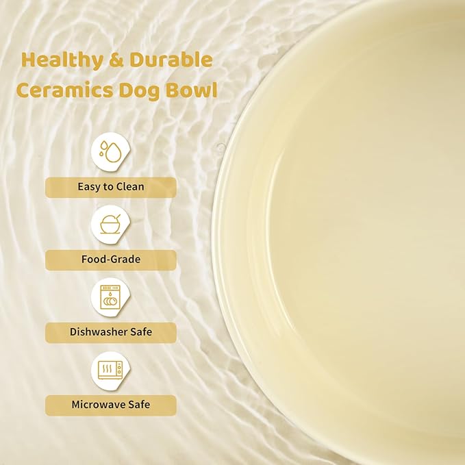 SPUNKYJUNKY Ceramics Raised Dog Bowl with Wooden Stand - Double 28.7OZ Cream White Bowls for Small Medium Dogs