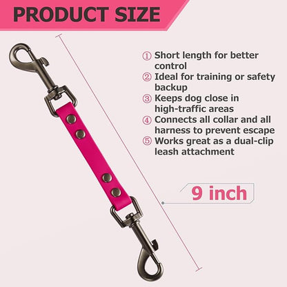 Dog Safety Collar Clip – Waterproof Backup Connector with Dual Hooks for Harness and Collar | Leash Safety Attachment for Training & Walking (Pink, 9 inch)