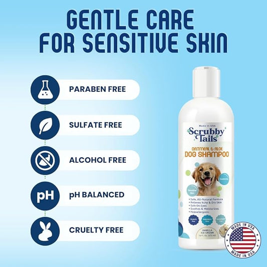 Scrubby Tails Organic Dog Shampoo - Puppy Oatmeal Shampoo for Itchy Skin Relief - Hypoallergenic for Sensitive Skin, for Dogs of All Ages, Deodorizes, Tearless, Made in USA, 16oz (Vanilla Ice Cream)