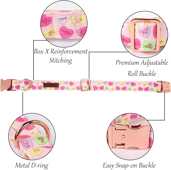 Lionet Paws Valentine's Pink Dog Collar, Cute Heart Dog Collar for Small Dogs, Adjustable Cotton Pet Puppy Collars for Small Dogs