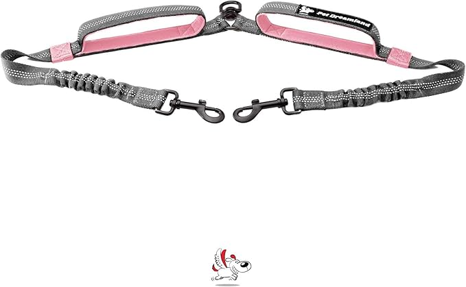 Pet Dreamland Exquisite Dual Dog Coupler for Large Dogs. Trending Double Dog Leash Attachment with Tangle-Free Swivel. You Will Absolutely Love This Amazing Gear for 2 Dogs (Dark Grey & Pink)