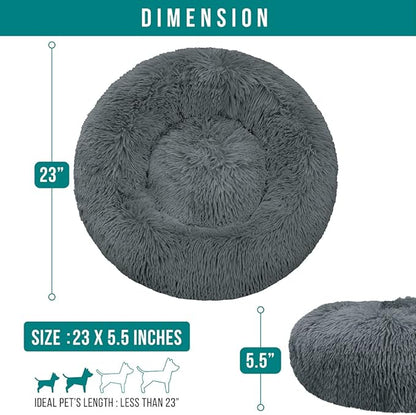 PetAmi Calming Dog Bed for Small & Medium Dogs and Cats, 23” Round Donut Dog Bed, Washable Fluffy Faux Fur Puppy & Cat Bed, Anti-Anxiety Plush Cuddler Pet Bed with Anti-Slip Bottom - Dark Gray