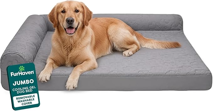 Furhaven Cooling Gel Dog Bed for Large Dogs w/ Removable Bolsters & Washable Cover, For Dogs Up to 95 lbs - Pinsonic Quilted Paw L Shaped Chaise - Titanium, Jumbo/XL