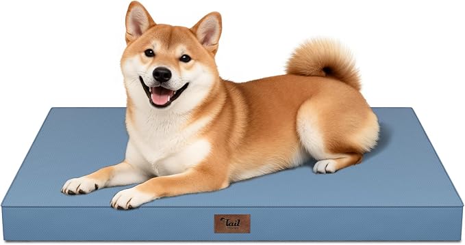 Tail Stories Outdoor Dog Bed for Medium Dogs, Waterproof Dog Crate Mat Orthopedic Egg Crate Foam Pet Bed with Washable Removable Oxford Cover, Blue