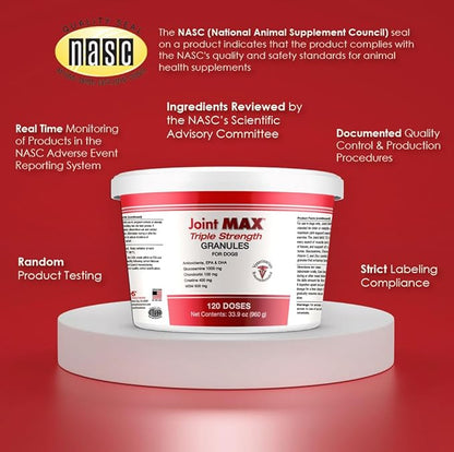 Joint Max TS Joint Supplement Vet Formulated Pain & Inflammation Relief Treats Hip Dysplasia & Arthritis, Glucosamine, Chondroitin, Turmeric, MSM, HA, Creatine, Omega 3 EPA + DHA. Granules 120 Doses