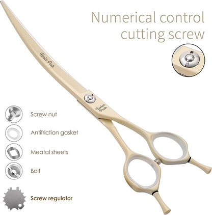 Fenice Peak Curved Dog Grooming Scissors with Cream Color Coating 440C Stainless Steel Pet Grooming Bending Shears Sharp and Durable Comfortable Engonomic Handle