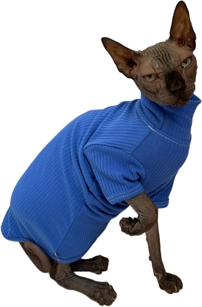 Sphynx Cats Shirt Cat Turtleneck Cotton Sweater Pullover Kitten T-Shirts with Sleeves Cat Pajamas Jumpsuit for Sphynx Cornish Rex, Devon Rex, Peterbald (X-Large (Pack of 1), Deep Blue)