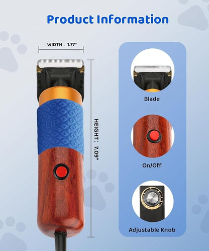 200W Professional Dog Grooming Clippers with Stepless Speed Control, Low Noise <50dB Pet Hair Trimmer Kit, Solid Wood Handle, 2 Blades, Dual-Sided Guide Combs, Heavy-Duty Plug-in Clippers for Cats