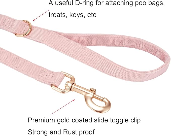 Ewinoom Soft Corduroy Dog Collar and Leash Set Adjustable Durable Dog Collars with Metal Buckle and Lead for Female Large Dogs,Baby Pink