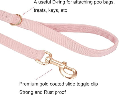 Ewinoom Soft Corduroy Dog Collar and Leash Set Adjustable Durable Dog Collars with Metal Buckle and Lead for Female Large Dogs,Baby Pink