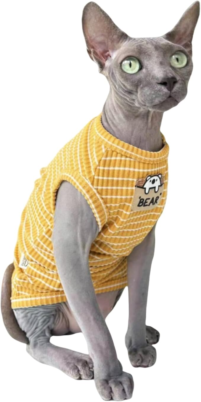 Sphynx Cat Clothes Vest for Hairless Cat, Rib Knit Stripe Cats T-Shirt Apparel, Kitten Summer Cotton Shirts Sleeveless for Cornish Rex, Devon Rex, Peterbald (Ginger, M (5.5-7.2 lbs))