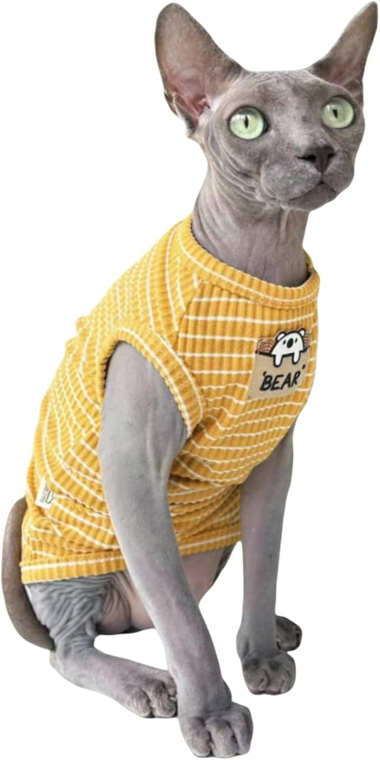 Sphynx Cat Clothes Vest for Hairless Cat, Rib Knit Stripe Cats T-Shirt Apparel, Kitten Summer Cotton Shirts Sleeveless for Cornish Rex, Devon Rex, Peterbald (Ginger, M (5.5-7.2 lbs))